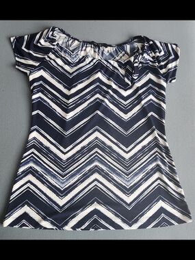 Liz McCoy Chevron Blouse Small Navy White Tie Neck